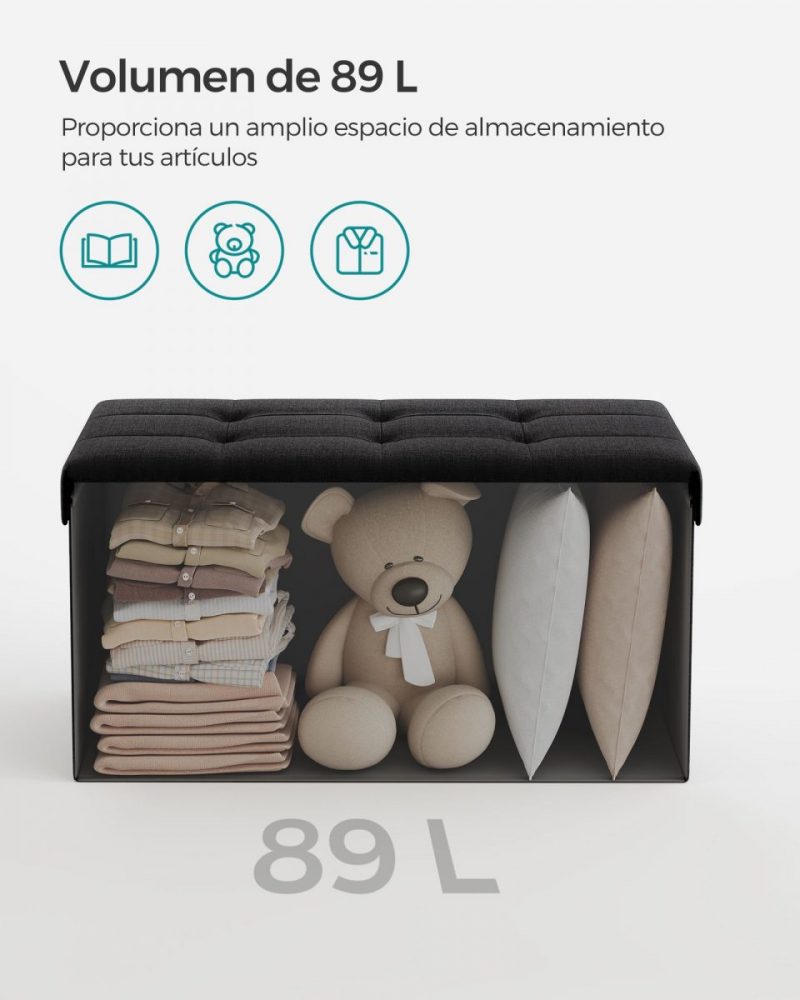 Baúl taburete plegable de almacenaje, 76x38x38 cm, negro - Imagen 3