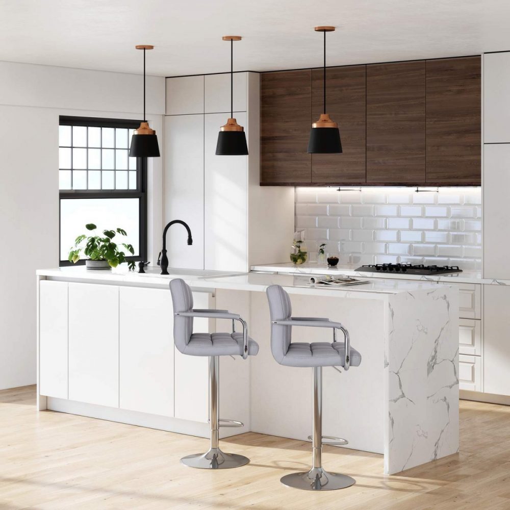 Taburetes bar ajustables, cuero sintético, gris - Imagen 3