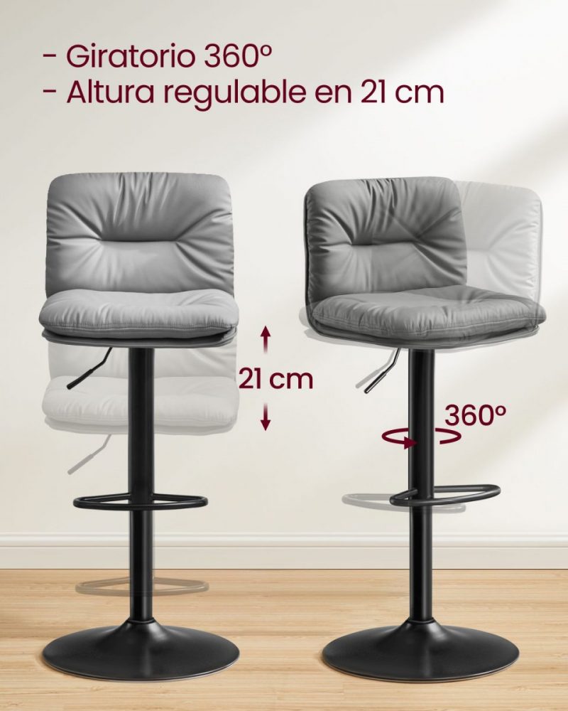 Juego 2 taburetes bar regulables, respaldo, gris - Imagen 4
