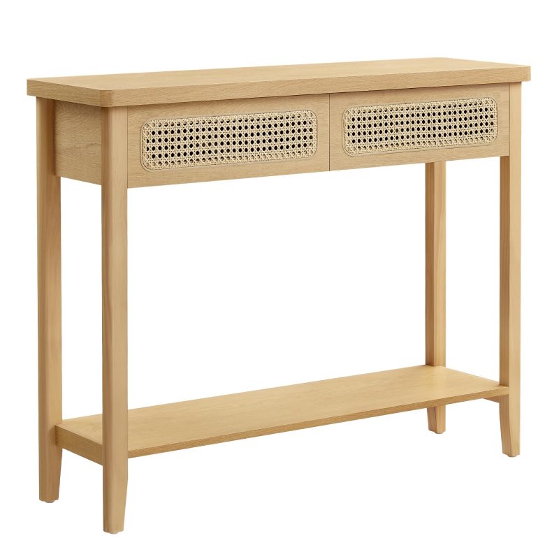 Mesa de consola estilo boho para recibidor y salón, 2 cajones