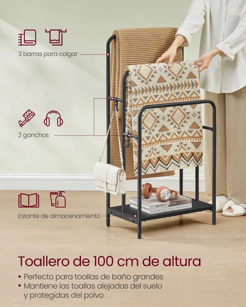 Toallero de 3 Barras 50x30x101 cm Negro Tinta y Negro Ébano - Imagen 2