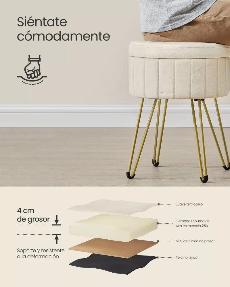 Taburete con almacenaje 39 x 44,4 cm blanco crema - Imagen 2