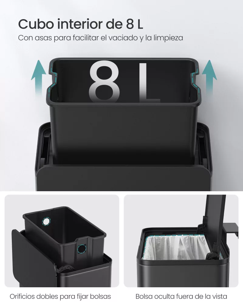 Cubo de basura colgante 8 l con tapa negro tinta - Imagen 6