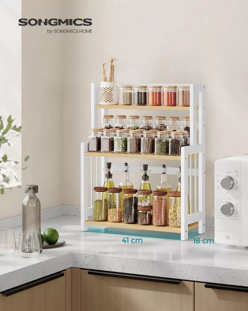 Especiero estante de especias de 3 niveles roble natural y blanco nube