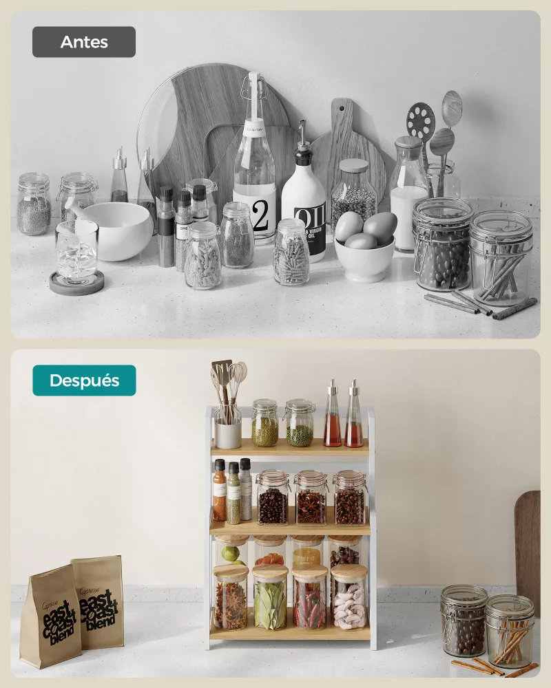 Especiero estante de especias de 3 niveles roble natural y blanco nube - Imagen 3