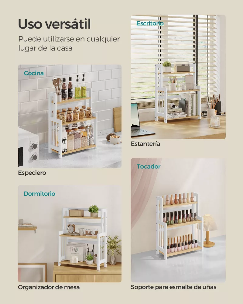 Especiero estante de especias de 3 niveles roble natural y blanco nube - Imagen 4